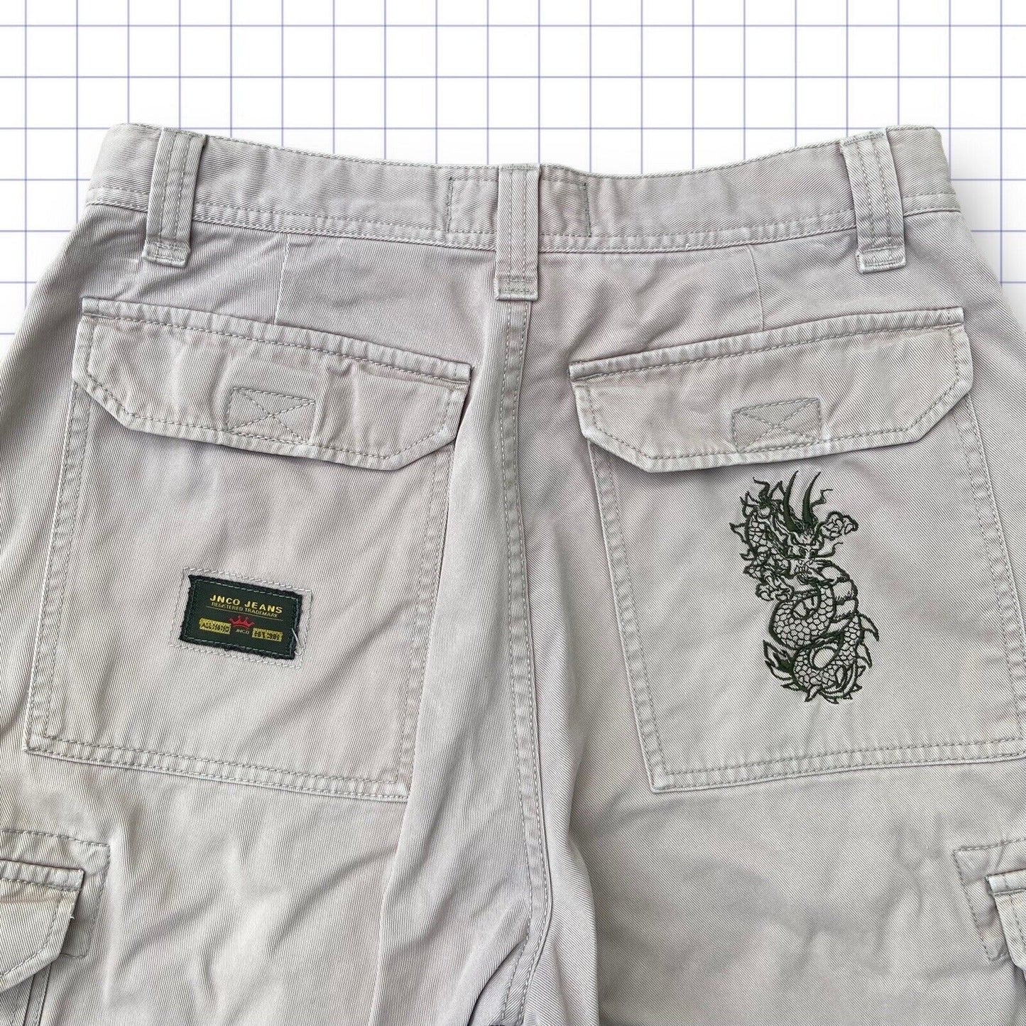 JNCO Jorts Dragon Embroidered Cargo Cream Y2K 90s 32W L10