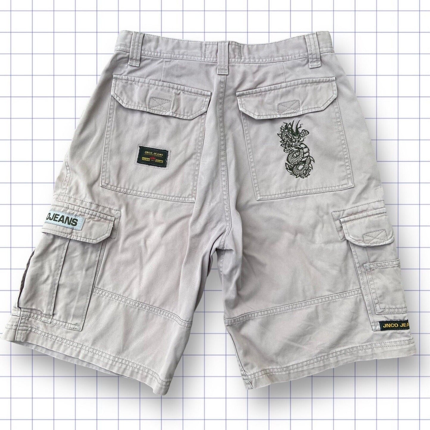 JNCO Jorts Dragon Embroidered Cargo Cream Y2K 90s 32W L10